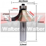 Fresa Ø44,5mm Raio 16mm X 72mm X 12mm Haste. (Ftr0109)