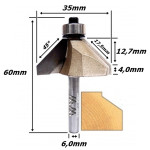 Fresa Chanfrar Ø35mm (90º Graus) 12,7mm X 17,5mm  Raio X 6,0mm Haste. (Ftr84)