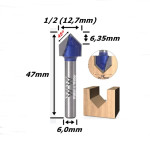 Fresa V Bit Ø12,7mm (1/2) X (90°) X 6,35mm Corte X 6,0mm Haste. (Ftr873)