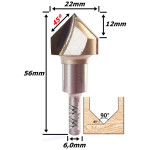 Fresa V Bit Ø22mm X (90°) X 12mm Corte X 6,0mm Haste. (Ftr2169)