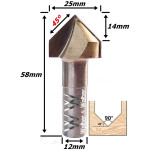 Fresa V Bit Ø25mm X (90°) X 14mm Corte X 12mm Haste. (Ftr0167)