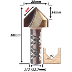 Fresa V Bit Ø25mm X (90°) X 14mm Corte X 12,7mm (1/2) Haste. (Ftr2801)