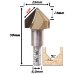 Fresa V Bit Ø25mm X (90°) X 14mm Corte X 6,0mm Haste. (Ftr2160)