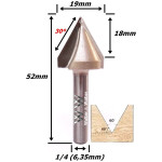 Fresa V Bit Ø19mm X (60°) X 19mm Corte X 6,35mm (1/4) Haste. (Ftr1750)
