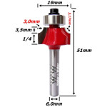 Fresa Ø19mm Raio 3,17mm (1/8) X 51mm X 6,0mm Haste. (Ftr803)