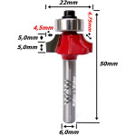 Fresa Ø22,2mm Raio 4,75mm X 50mm X 6,0mm Haste. (Ftr711)