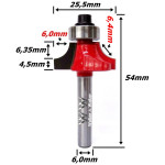 Fresa Ø25mm Raio 6,4mm X 54mm X 6,0mm Haste. (Ftr154)