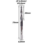 Fresa Cônica Esférica (Hrc45) 4,0mm X 30mm X 75mm Total X 6,0mm Haste. (Ftr0738)