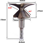 Fresa  P/ Dobra De Mdf Ø52mm X R30mm X (45°) X 8,0mm Haste. (Ftr3570)