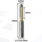 Fresa Reta C/ Rolamento Inferior 8,0mm X 25mm Corte X 76mm X 12,7mm (1/2) Haste. (Ftr3652)