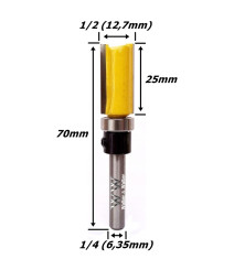 Fresa Reta C/ Rolamento Superior Ø12,7mm (1/2) X 25mm Corte X 70mm X 6,35mm (1/4) Haste. (Ftr3504)