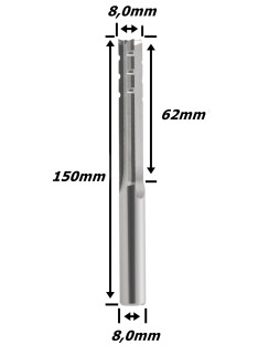 Fresa Reta Paralela TCT 8,0mm (3c) X 62mm Corte X 150mm Total X 8,0mm Haste. (Ftr29358)