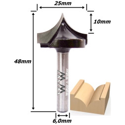 Fresa Pombo Ø25mm (10mm Raio) X 48mm Total X 6,0mm Haste. (Ftr3499)