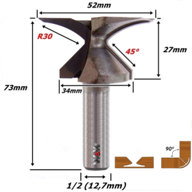Fresa P/ Dobra De Mdf Ø52mm X R30mm X (45°) X 12,7mm (1/2) Haste. (Ftr3575)