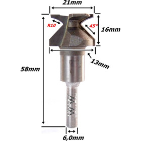 Fresa  P/ Dobra De Mdf Ø21mm X R10mm X (45°) X 6,0mm Haste. (Ftr3571)