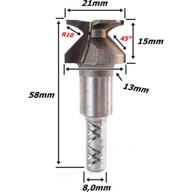 Fresa  P/ Dobra De Mdf Ø21mm X R10mm X (45°) X 8,0mm Haste. (Ftr3572)
