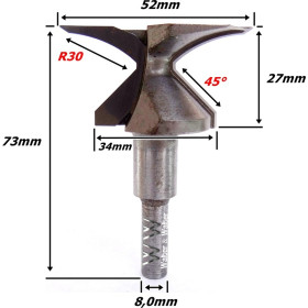 Fresa  P/ Dobra De Mdf Ø52mm X R30mm X (45°) X 8,0mm Haste. (Ftr3575)