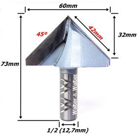 Fresa V Bit Ø60mm (90°) X 32mm Corte X 73mm Total X 12,7mm (1/2) Haste. (Ftr3593)