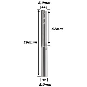 Fresa Reta Paralela TCT 8,0mm (3c) X 62mm Corte X 100mm Total X 8,0mm Haste. (Ftr29356)