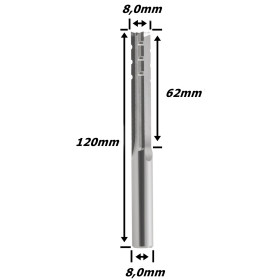 Fresa Reta Paralela TCT 8,0mm (3c) X 62mm Corte X 120mm Total X 8,0mm Haste. (Ftr29357)