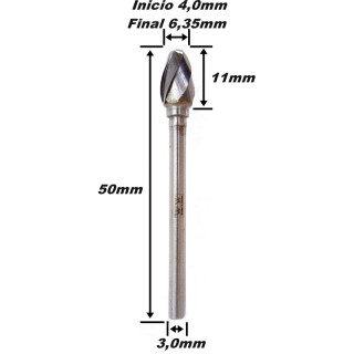 Lima Rotativa Oval 4,0mm X 6,35mm X 11mm Corte X 3,0mm Haste. (Ftr3521)