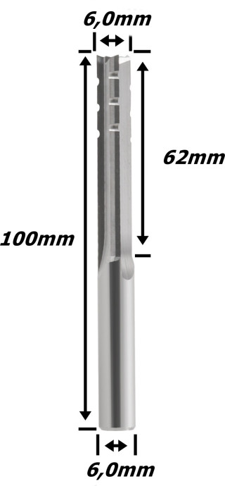 Fresa Reta Paralela TCT 6,0mm (3c) X 62mm Corte X 100mm Total X 6,0mm Haste. (Ftr29355)