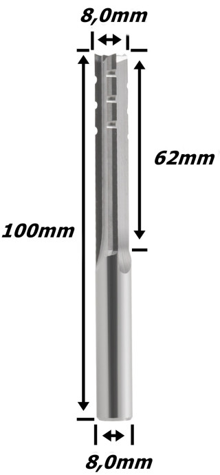 Fresa Reta Paralela TCT 8,0mm (3c) X 62mm Corte X 100mm Total X 8,0mm Haste. (Ftr29356)