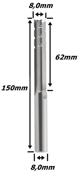Fresa Reta Paralela TCT 8,0mm (3c) X 62mm Corte X 150mm Total X 8,0mm Haste. (Ftr29358)