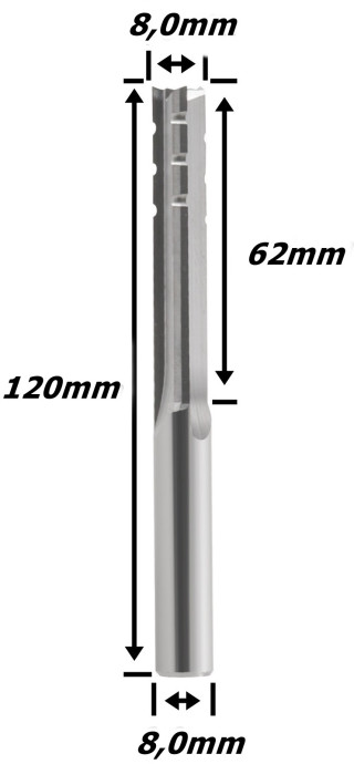 Fresa Reta Paralela TCT 8,0mm (3c) X 62mm Corte X 120mm Total X 8,0mm Haste. (Ftr29357)