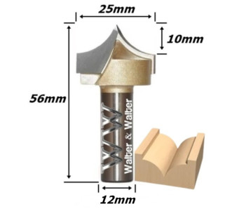 Fresa Pombo Ø25mm (10mm Raio) X 56mm Total X 12mm Haste. (Ftr2973)
